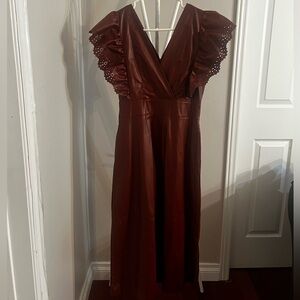 Zara faux leather Brown Midi Dress with Ruffle Sleeves